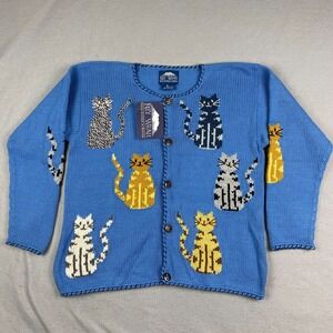 Vtg 90s Rey Wear Handknit Cat Cardigan Sweater L Cats Grandmacore Bolivia NEW